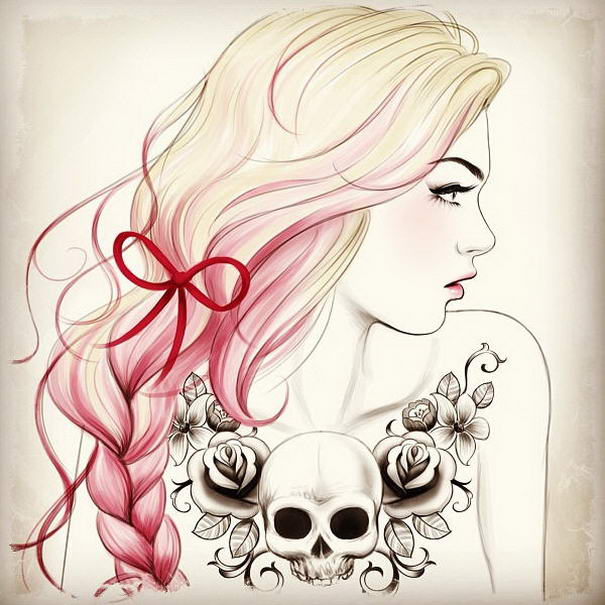 Татуировка с изображением черепа в области декольте Cleavage Skull Tattoo