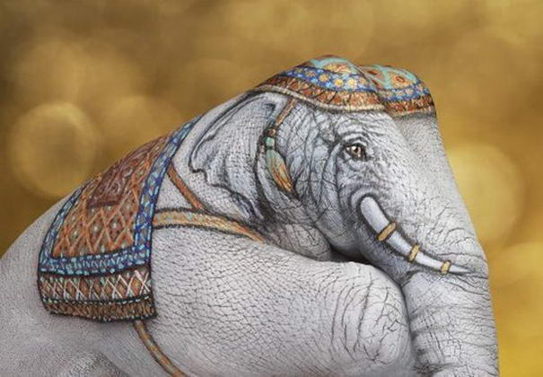 Слон Белый на золоте Elephant White on gold - Hand Paintings
